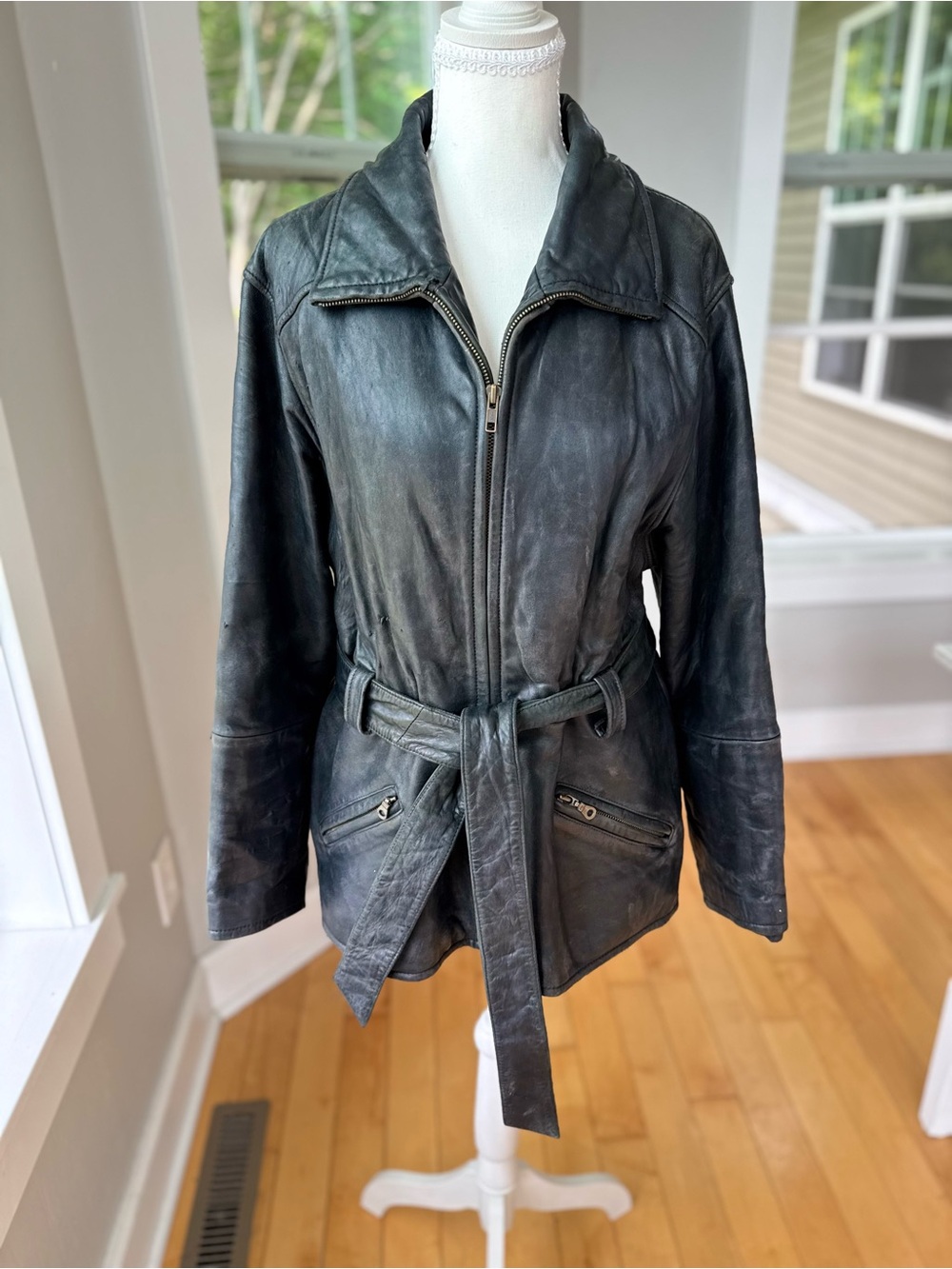 Vintage Cougar Distressed Black Leather Belted Jacket Size XL